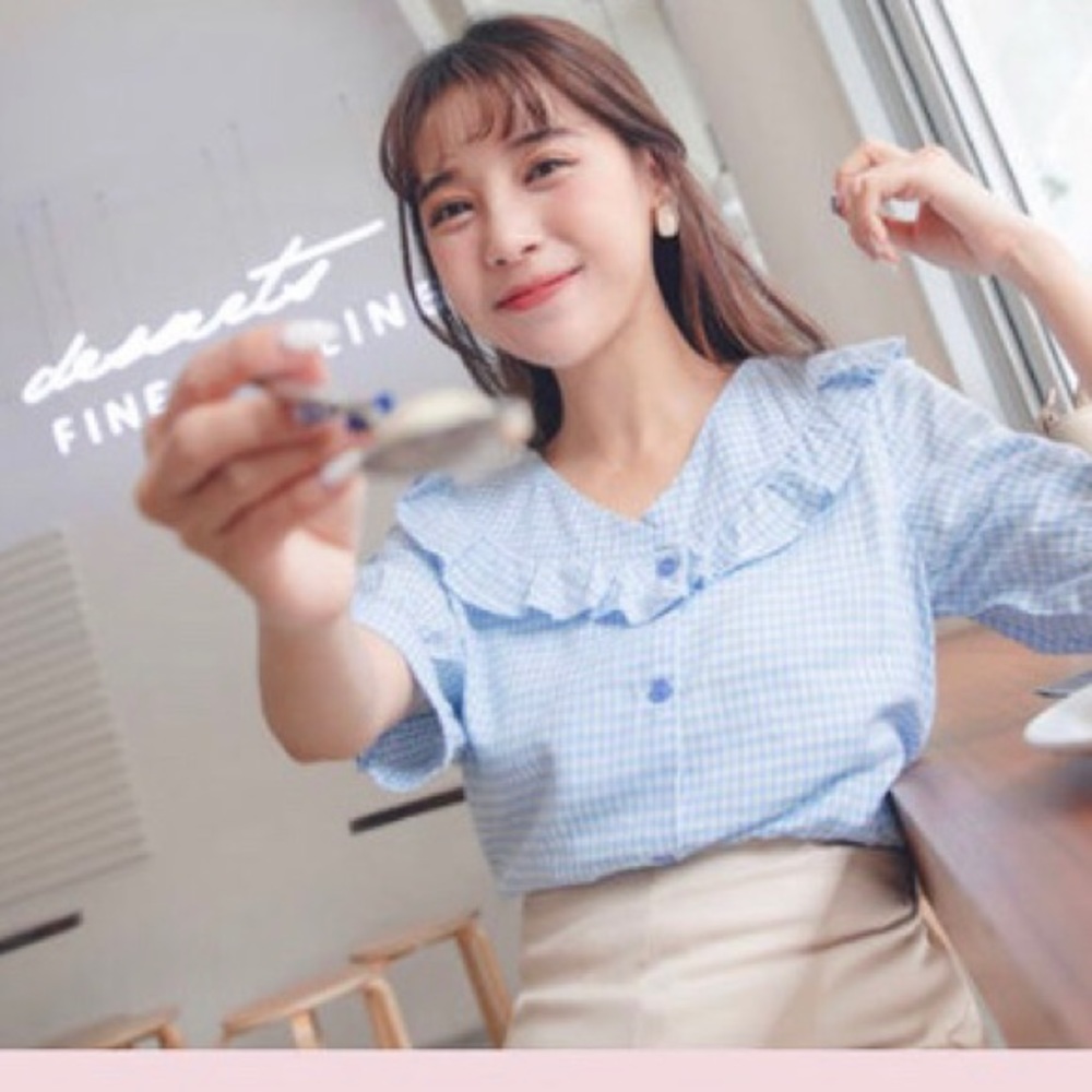Short-Sleeve Gingham Ruffle Top - Picture 2 of 5